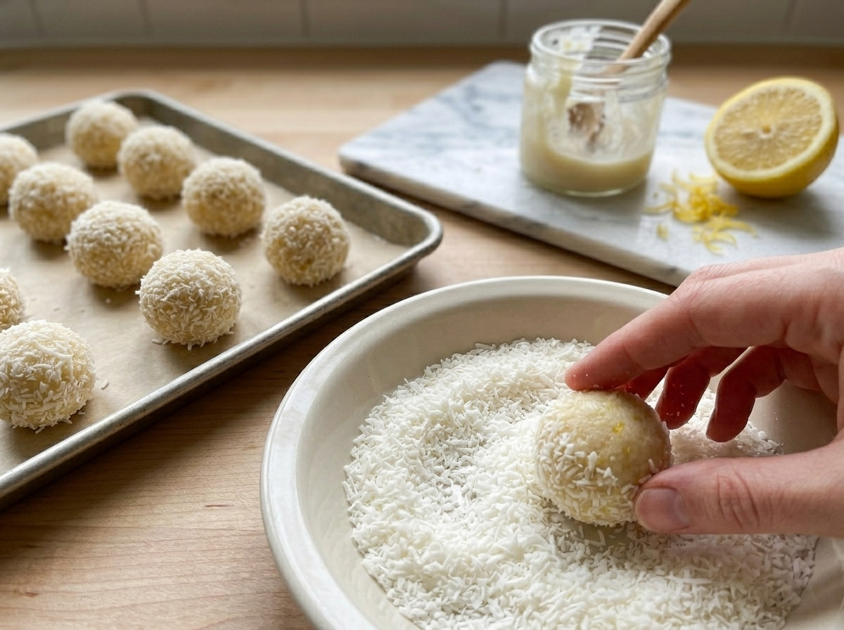 Hands rolling a lemon coconut keto fat bomb in shredded coconut, shaped balls on parchment tray in background