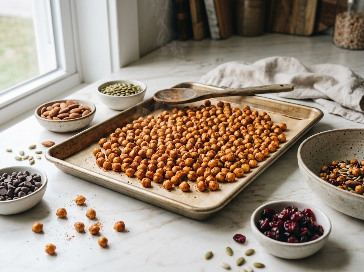 Golden spiced chickpeas spread on a parchment sheet pan with paprika coating, mid-roast with a wooden spoon