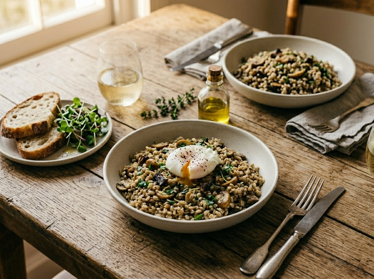Two bowls of wild mushroom barley pilaf on a linen table with white wine and fresh herbs