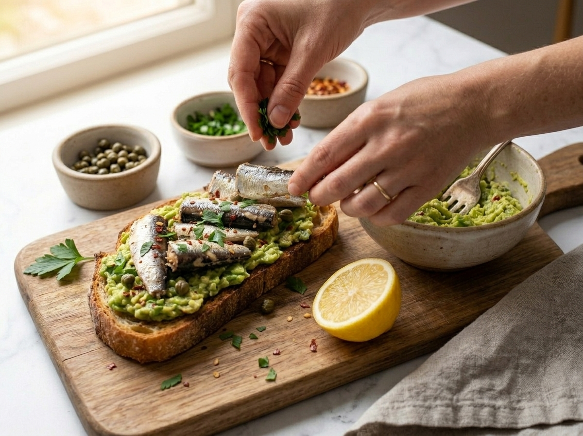 Spreading chunky avocado mash onto golden sourdough toast with a fork on a wooden cutting board