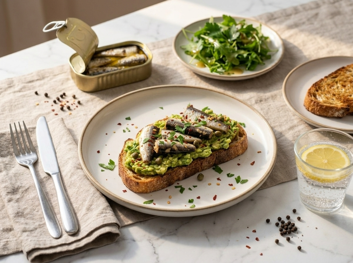 Sardine avocado toast on ceramic plate with sparkling water and open sardine tin in a morning breakfast setting