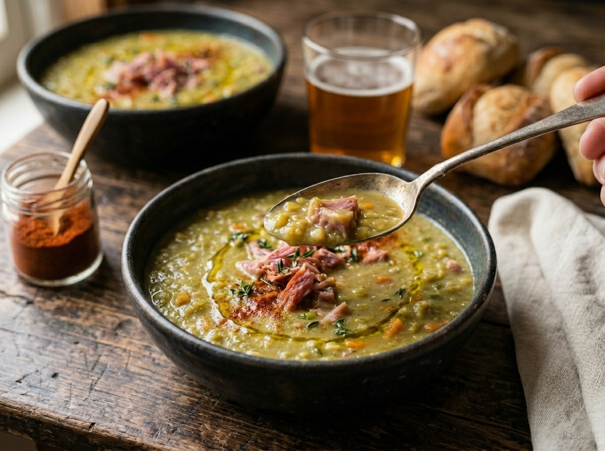 Two rustic bowls of smoky split pea soup with crusty bread rolls and a glass of beer on a wooden dining table