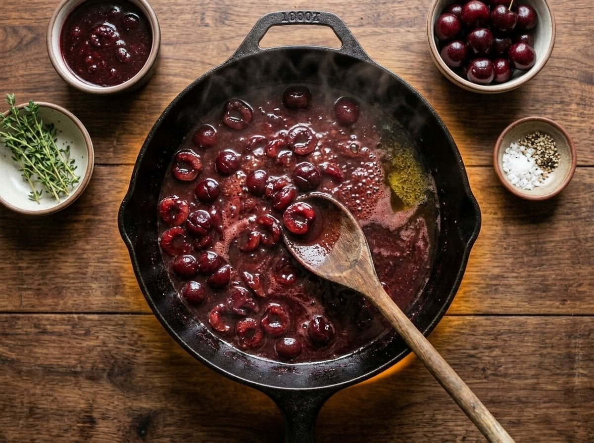 Cherry balsamic reduction simmering in a cast iron skillet with softened cherries and a wooden spoon mid-stir