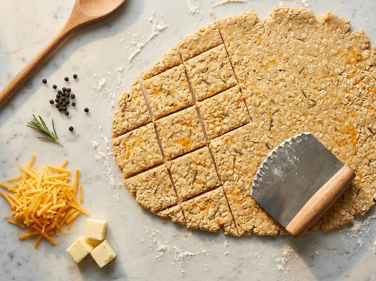 Oat and cheddar cracker dough cut into rectangles on a floured marble surface with butter and grated cheese beside it
