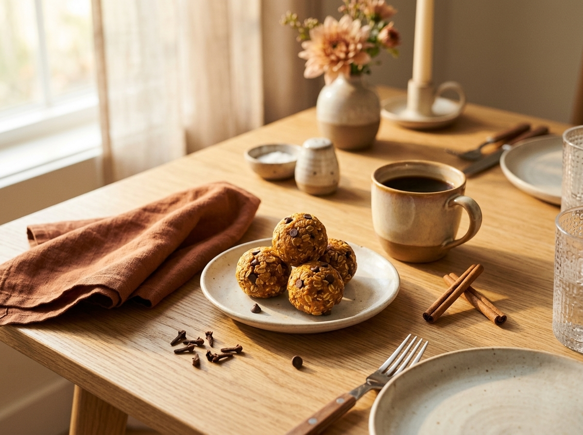 Four pumpkin spice energy bites on a white plate next to a ceramic coffee mug and cinnamon sticks on a wood table