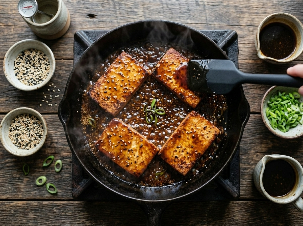 Tofu steaks searing in a cast iron skillet with bubbling soy sesame glaze being spooned over the top