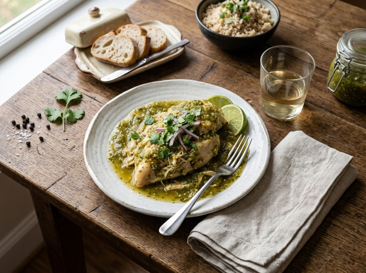 Sliced salsa verde chicken breast served with brown rice, lime wedges, and fresh cilantro on a white plate