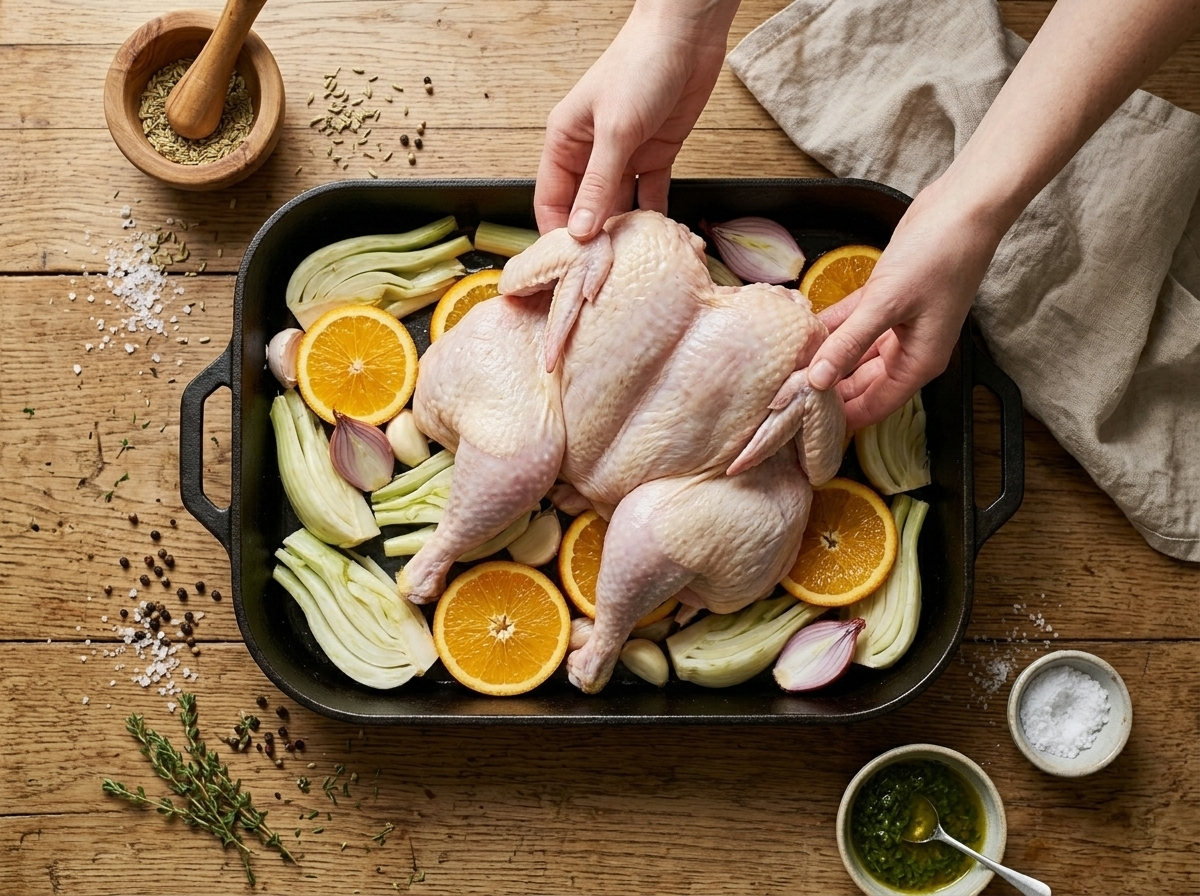 Raw seasoned chicken being placed onto sliced fennel and orange rounds in a roasting pan before going in the oven