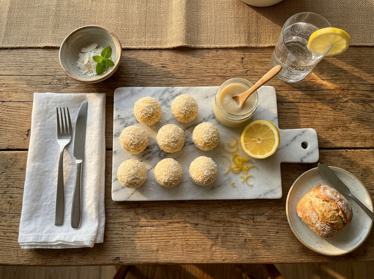 Six lemon coconut fat bombs on a ceramic plate with sparkling water and lemon slice on a wooden table