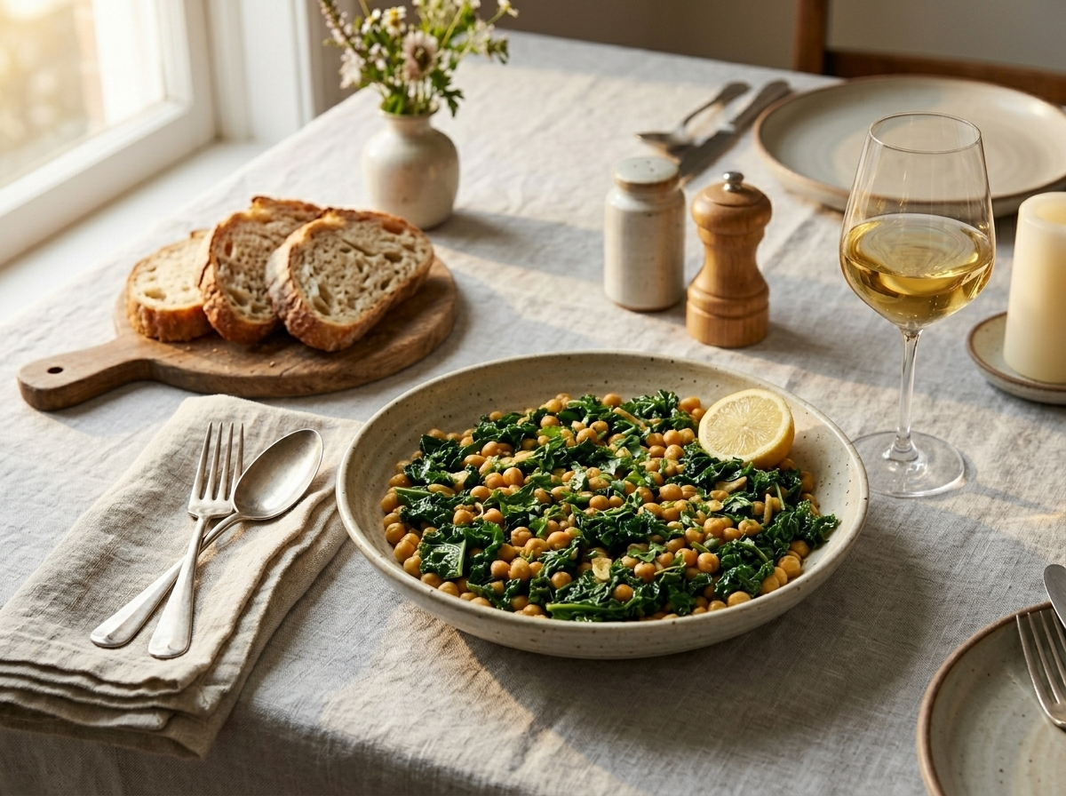 Bowl of braised chickpeas and greens with crusty sourdough and a glass of white wine on an oak table