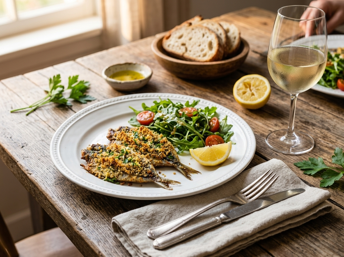 Plate of crispy garlic herb baked sardines with lemon wedge, arugula salad and crusty bread on a wooden table