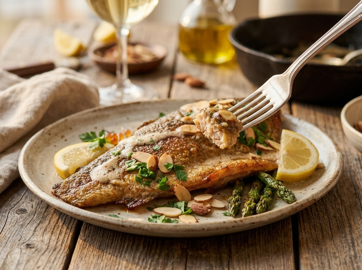 Plated pan-seared trout with almond brown butter next to roasted asparagus and a glass of white wine