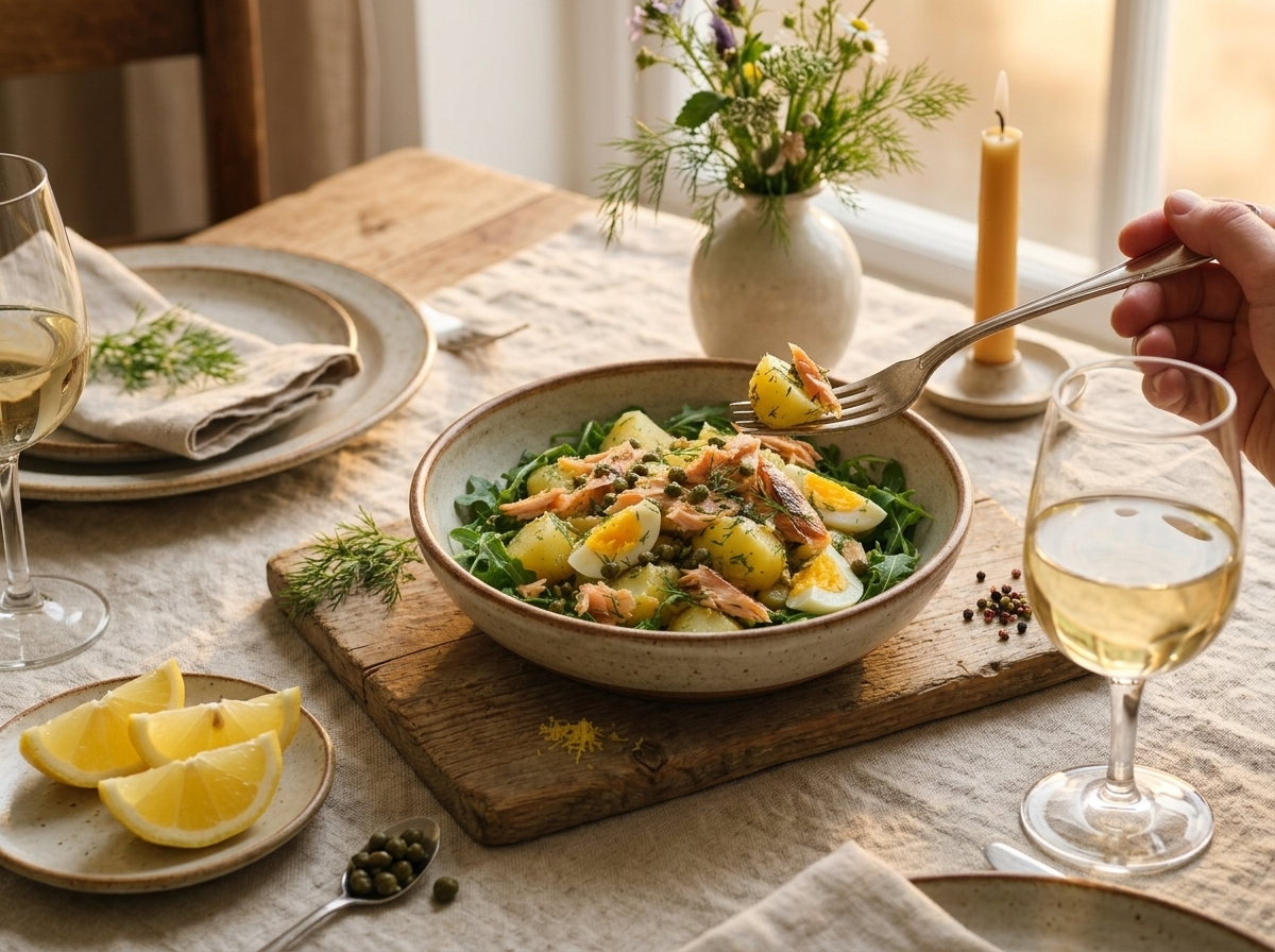 A person lifting a forkful of smoked trout potato salad at a linen-draped table set with a glass of white wine.