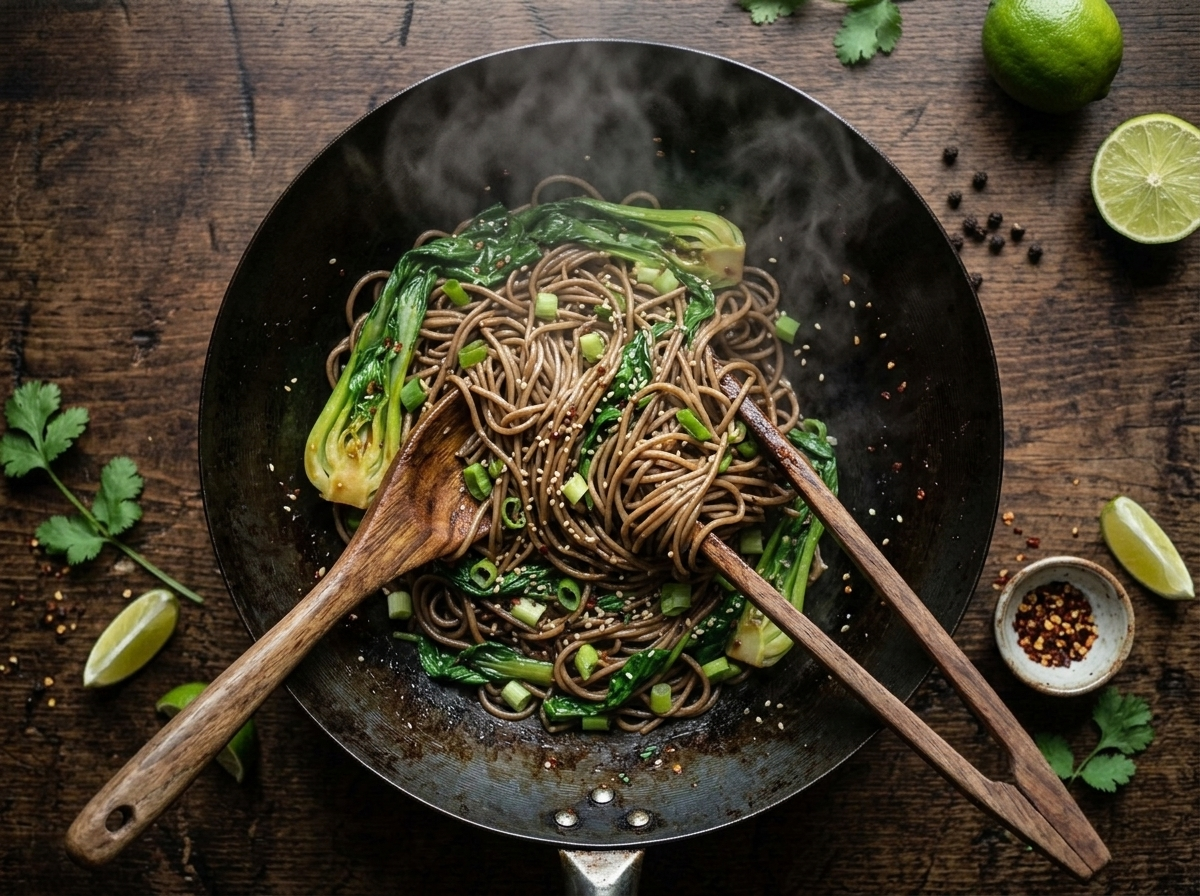 Soba noodles and wilted greens being tossed with sesame ginger sauce in a steel wok with wooden tongs