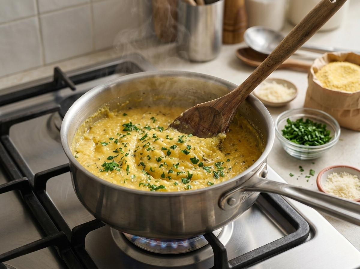 Stirring thick yellow polenta in a saucepan with a wooden spoon, steam rising, flecks of rosemary visible near the rim.