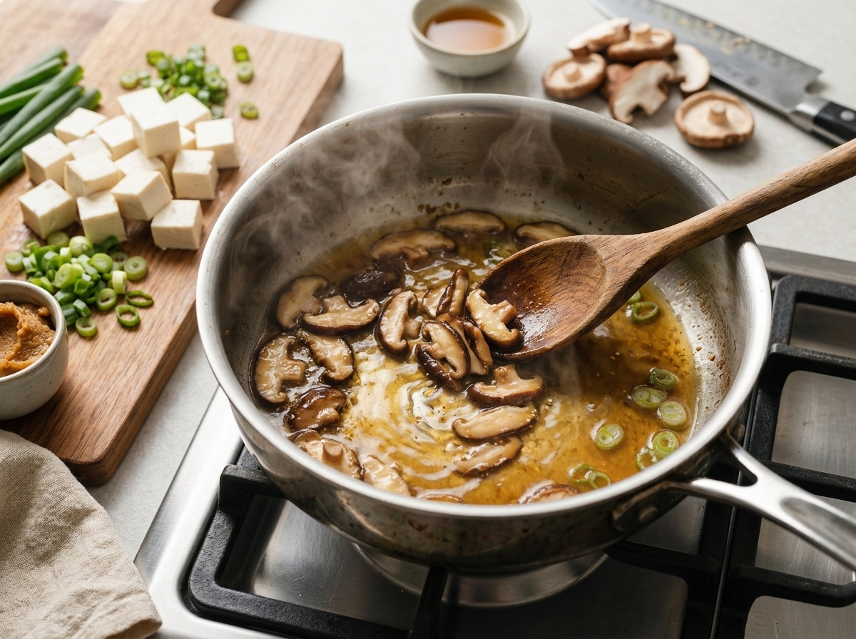 Sliced shiitake mushrooms browning in a saucepan with sesame oil while broth is stirred in, steam rising