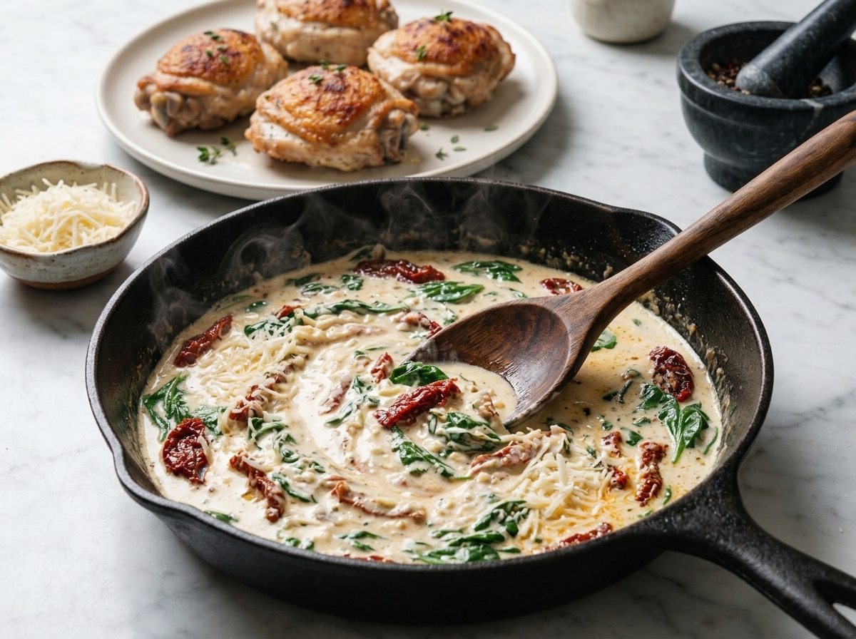 Wooden spoon stirring heavy cream and parmesan into a garlic and sun-dried tomato base while chicken thighs rest on a nearby plate