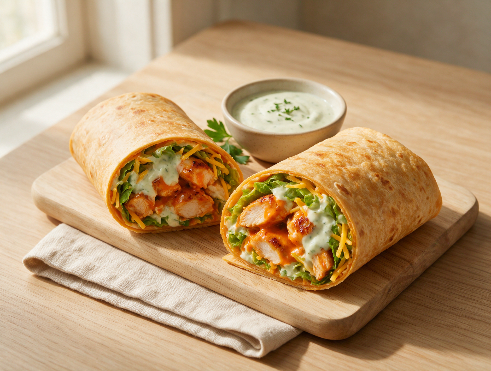 Seared Buffalo Chicken Wraps with Greek Yogurt Ranch