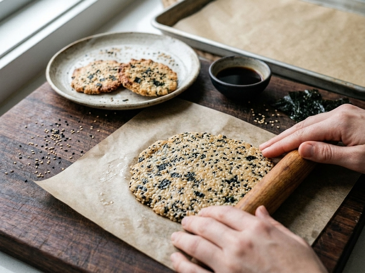 Hands pressing sticky rice and nori mixture into thin rounds between parchment paper before baking