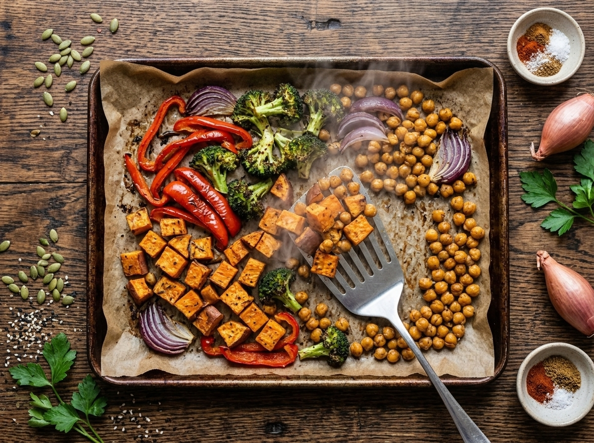 Sheet pan of roasted sweet potato, broccoli and chickpeas being tossed with a spatula before serving
