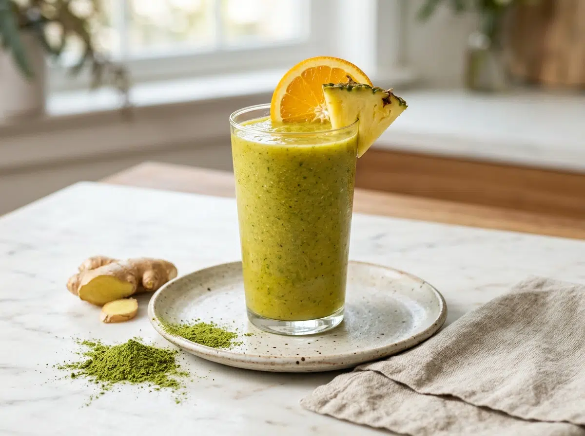 Glass of moringa citrus energizer smoothie topped with orange slice, pineapple wedge, and moringa powder on marble counter