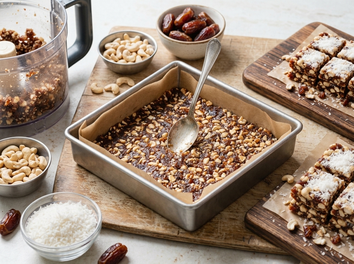 Hands pressing a sticky cashew date and coconut mixture firmly into a parchment-lined square baking pan