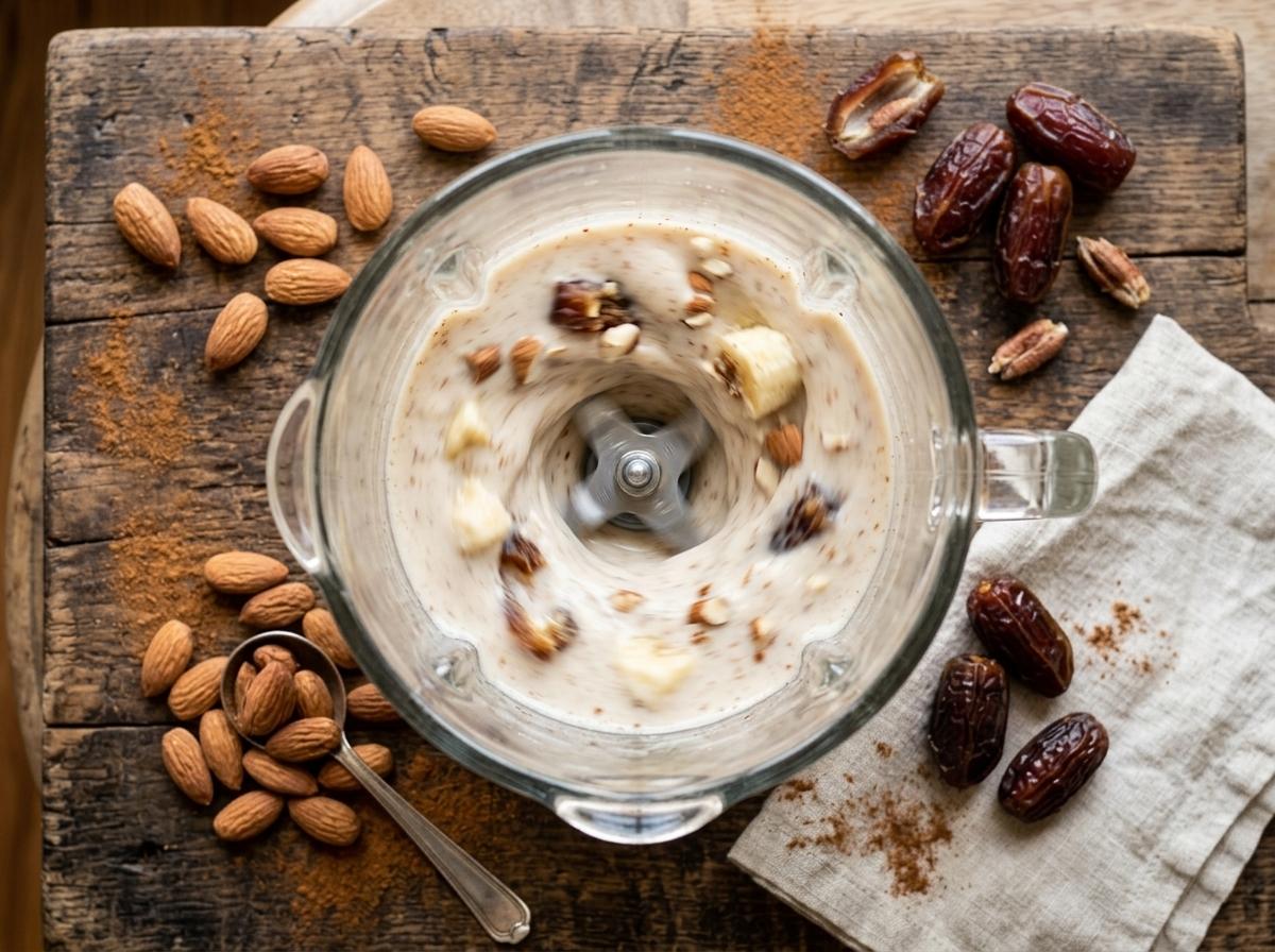 Blender jar mid-blend showing almond milk, dates, banana and almonds swirling into a smooth pale mixture