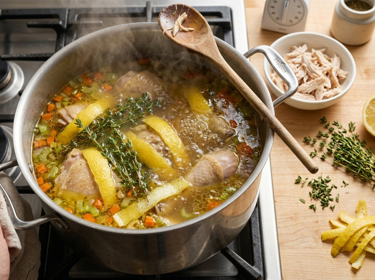 Chicken thighs and carrots simmering in a large stockpot with thyme sprigs and lemon peel floating on top