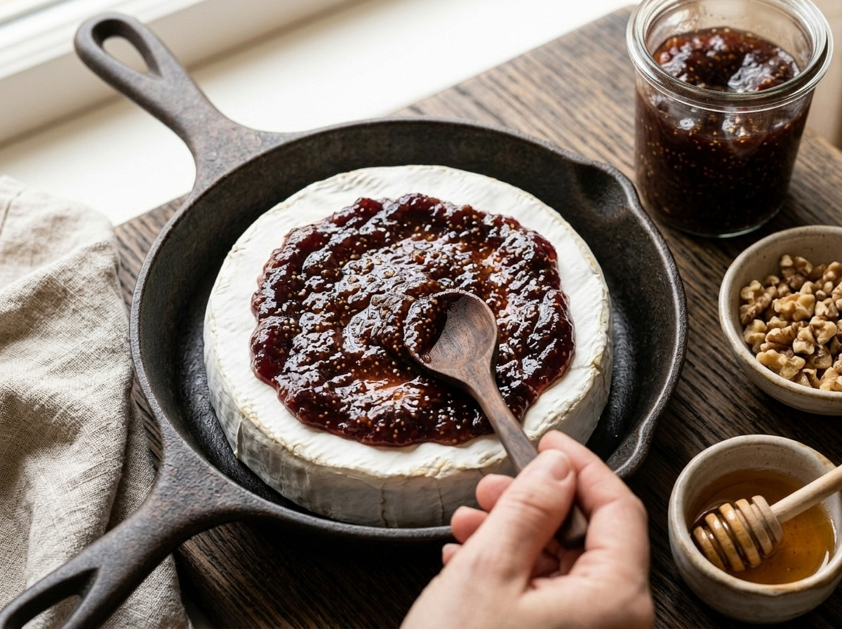 Spreading fig jam over a whole brie wheel before baking, walnuts and honey ready alongside on a wood board