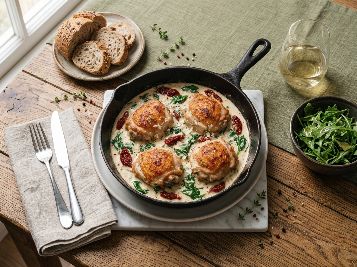 Wooden table set with a skillet of Tuscan chicken thighs, a folded linen napkin, and a glass of white wine in warm evening light