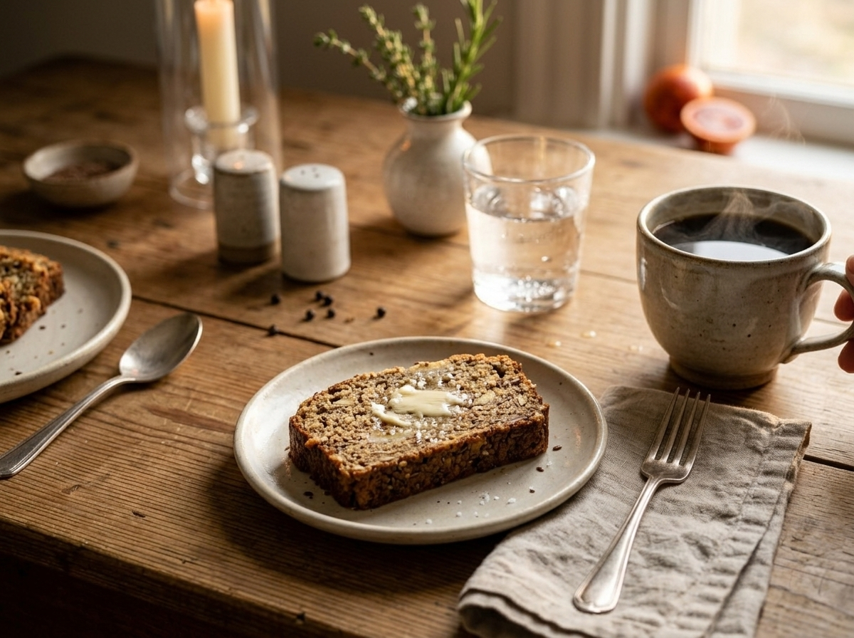A buttered slice of flaxseed banana bread on a plate beside a mug of coffee on a linen-covered table