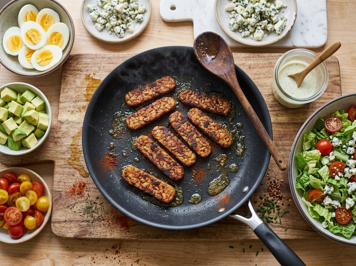 Smoky tempeh strips searing golden brown in a nonstick skillet with smoked paprika marinade