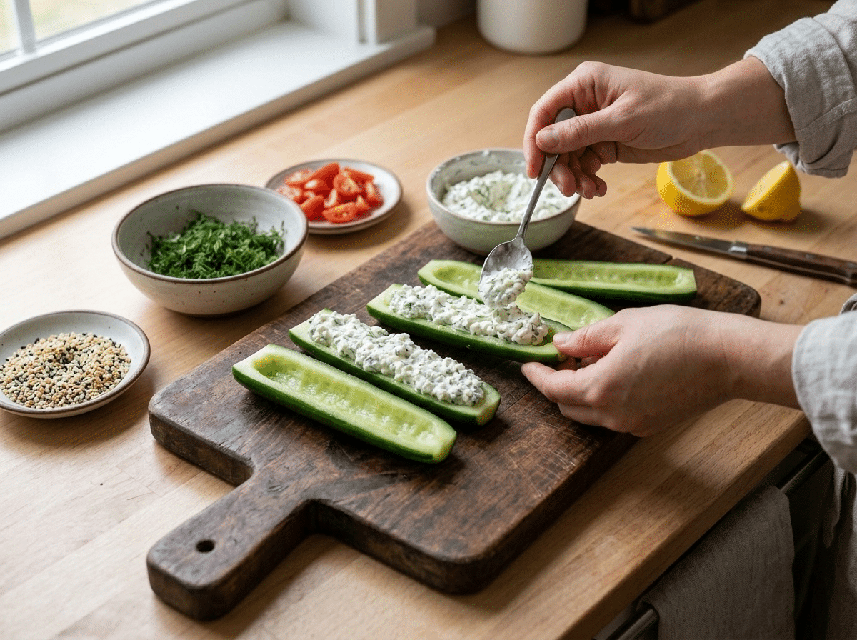 Spooning lemony cottage cheese filling into hollowed cucumber halves on a wooden cutting board