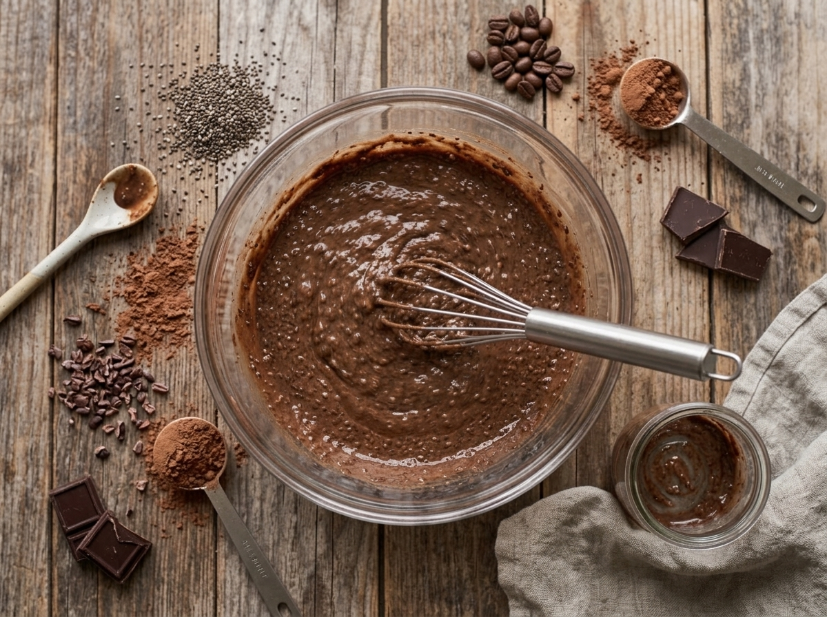 Whisking espresso chia mousse mixture in a glass bowl, chia seeds suspended in dark cocoa coffee liquid