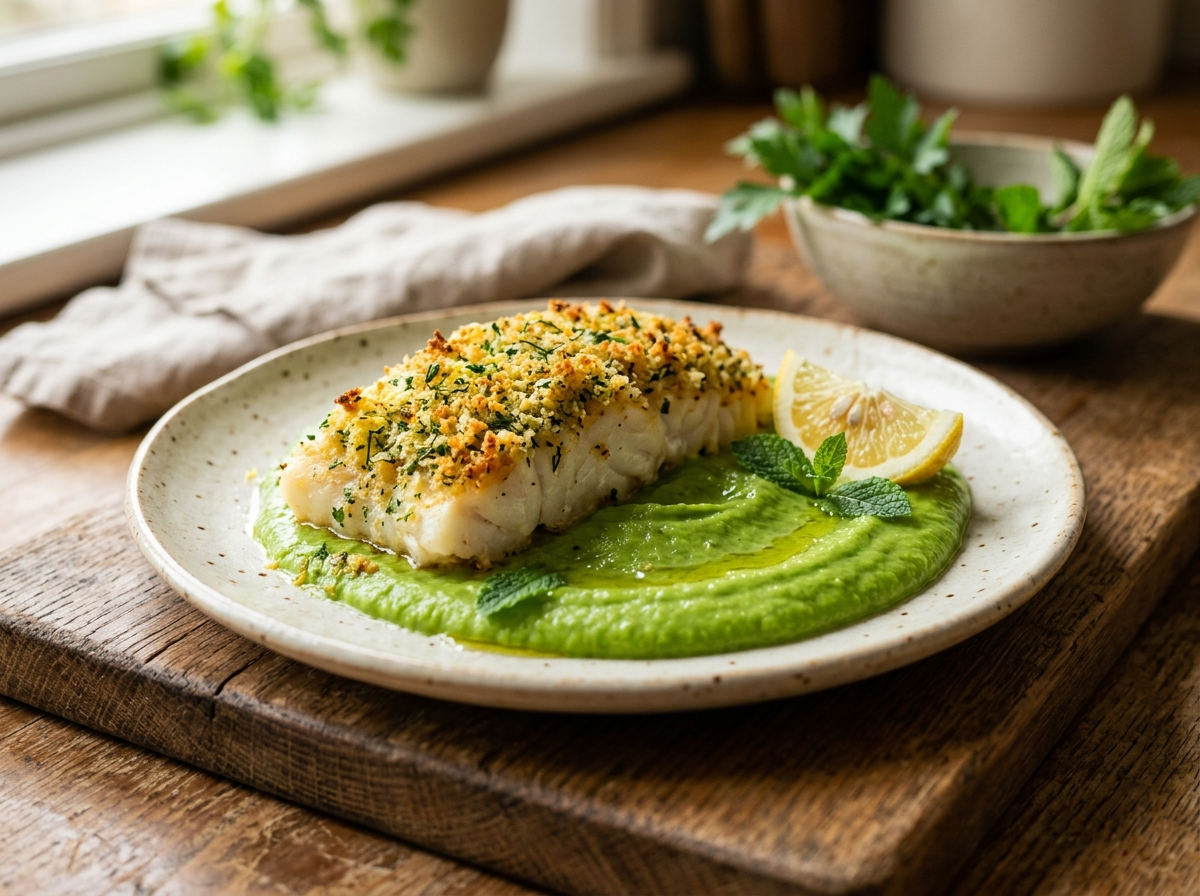 Golden herb crusted cod fillet plated over bright green pea puree with mint and lemon on a wooden board
