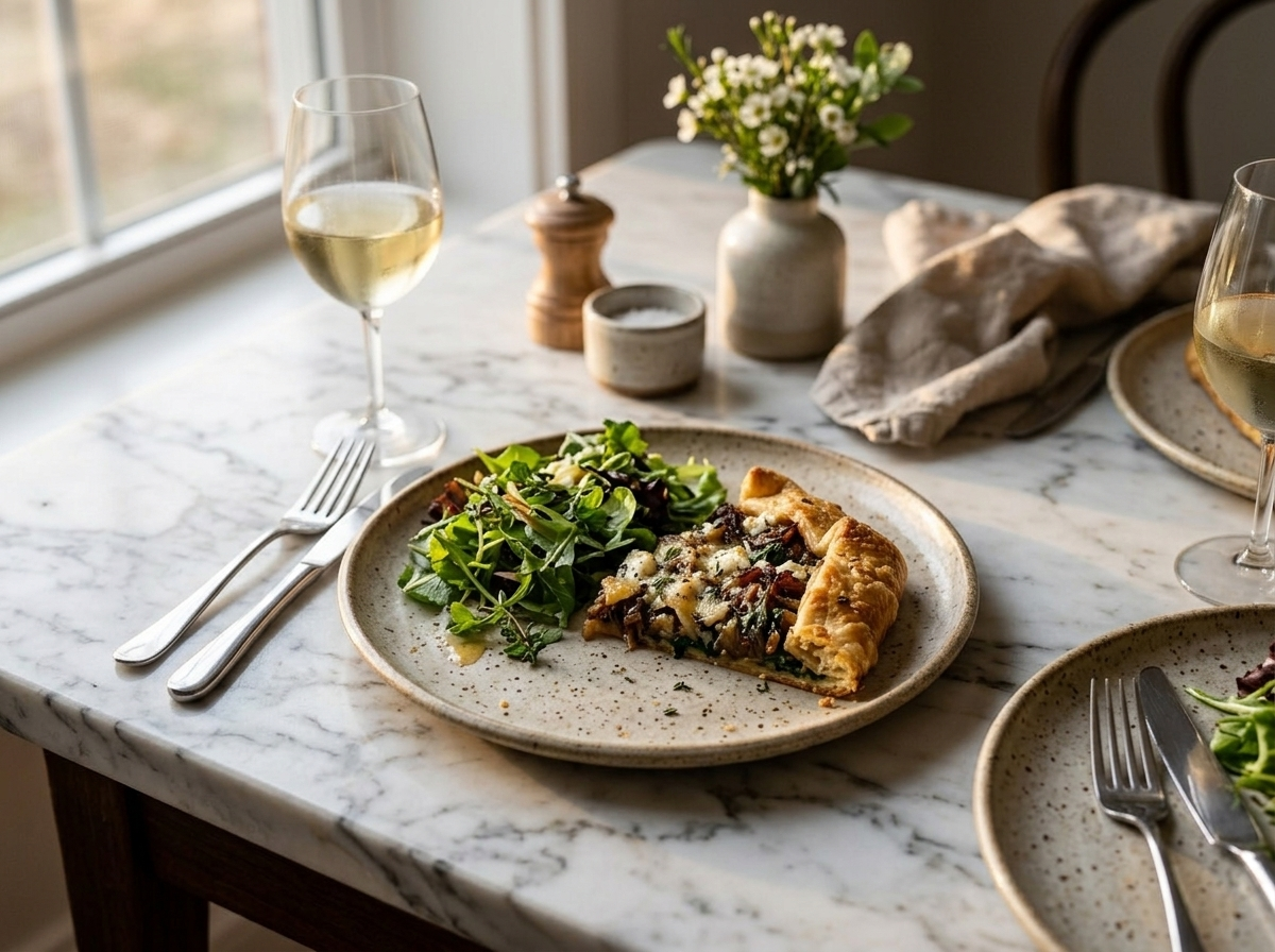 Sliced caramelized onion and spinach galette plated with a green salad and glass of white wine at golden hour