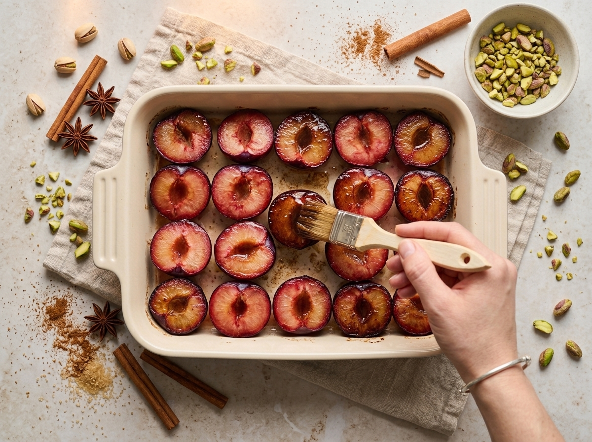 Plum halves cut side up in a baking dish being brushed with melted cinnamon butter before roasting