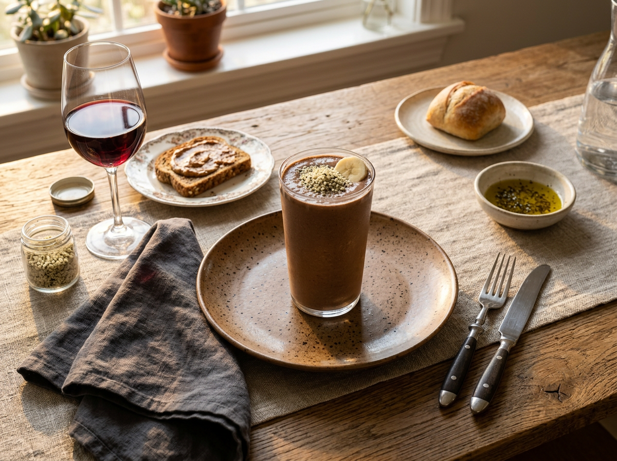 Hemp seed cacao banana smoothie served on a linen napkin beside whole grain toast with nut butter