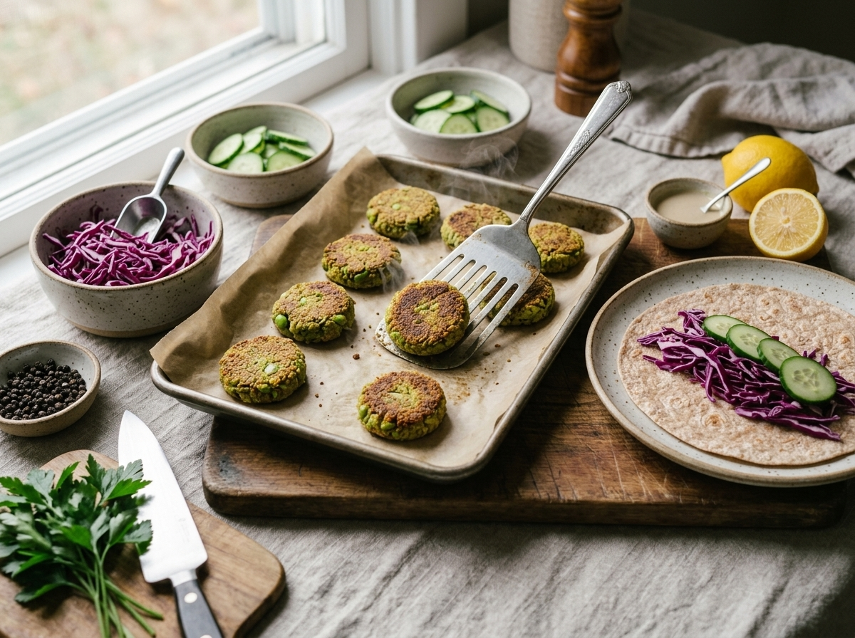 Golden baked edamame falafel patties on a parchment-lined baking sheet being flipped with a spatula