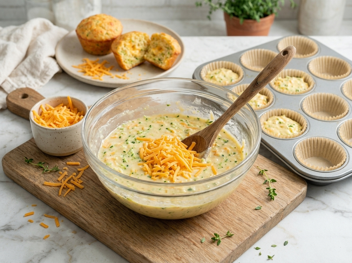 Hands folding shredded cheddar and grated zucchini into pale muffin batter in a glass mixing bowl.