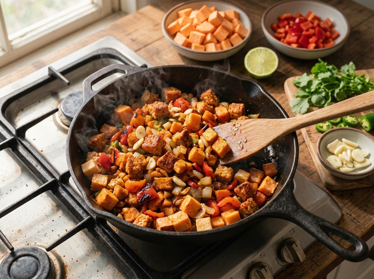 Sweet potato cubes and seared tempeh browning together in a cast iron skillet with a wooden spatula stirring