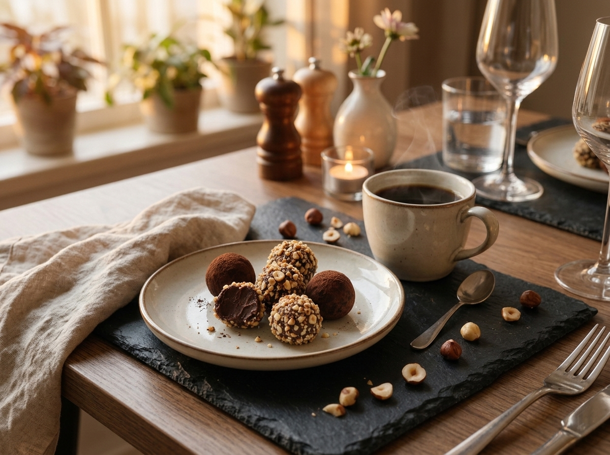Small plate of hazelnut chocolate truffles served beside a cup of black coffee on a wooden table with a linen napkin
