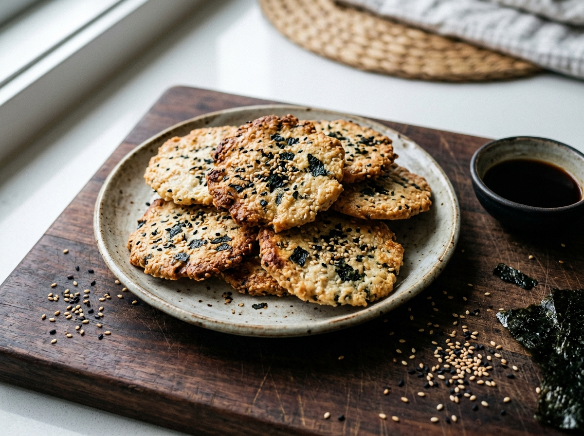 Crunchy Seaweed Sesame Rice Crackers, Baked at Home