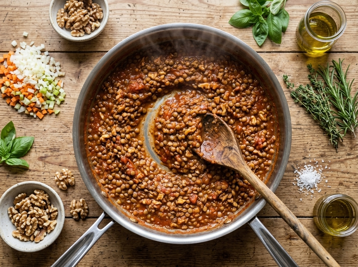 Lentil walnut bolognese simmering in a skillet with a wooden spoon stirring the thick tomato and walnut sauce