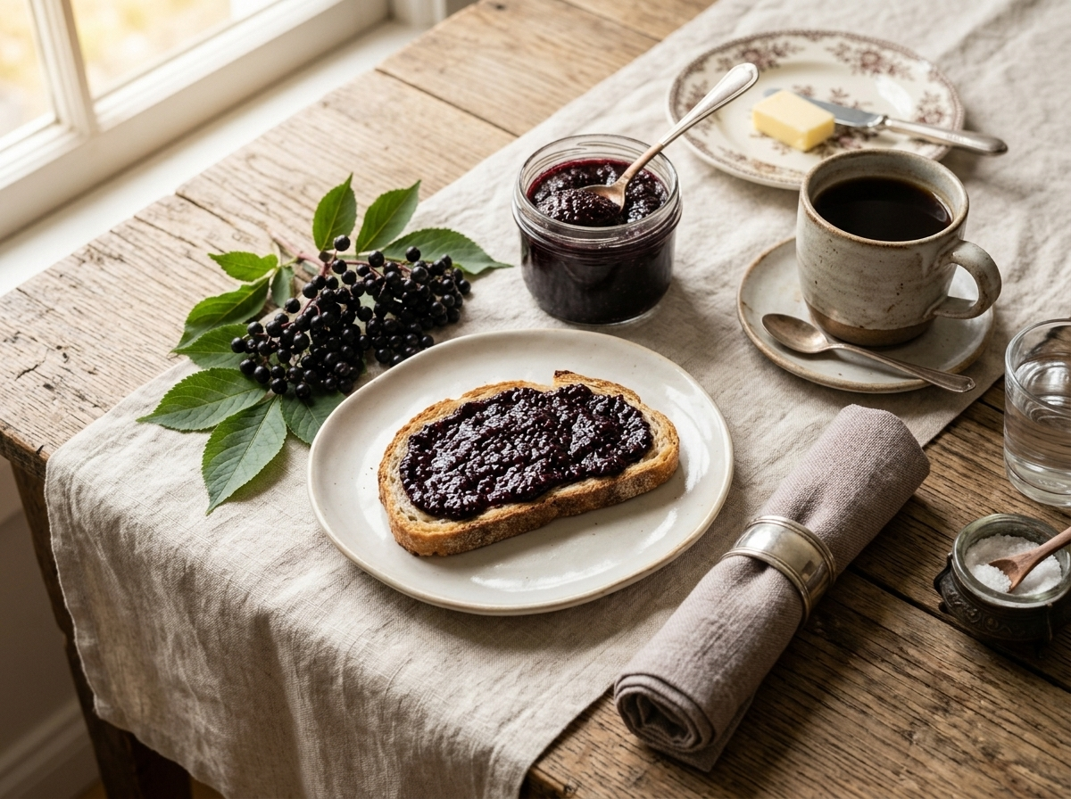 Breakfast table with toast spread with elderberry chia jam next to a jar, spoon, and cup of coffee in morning light