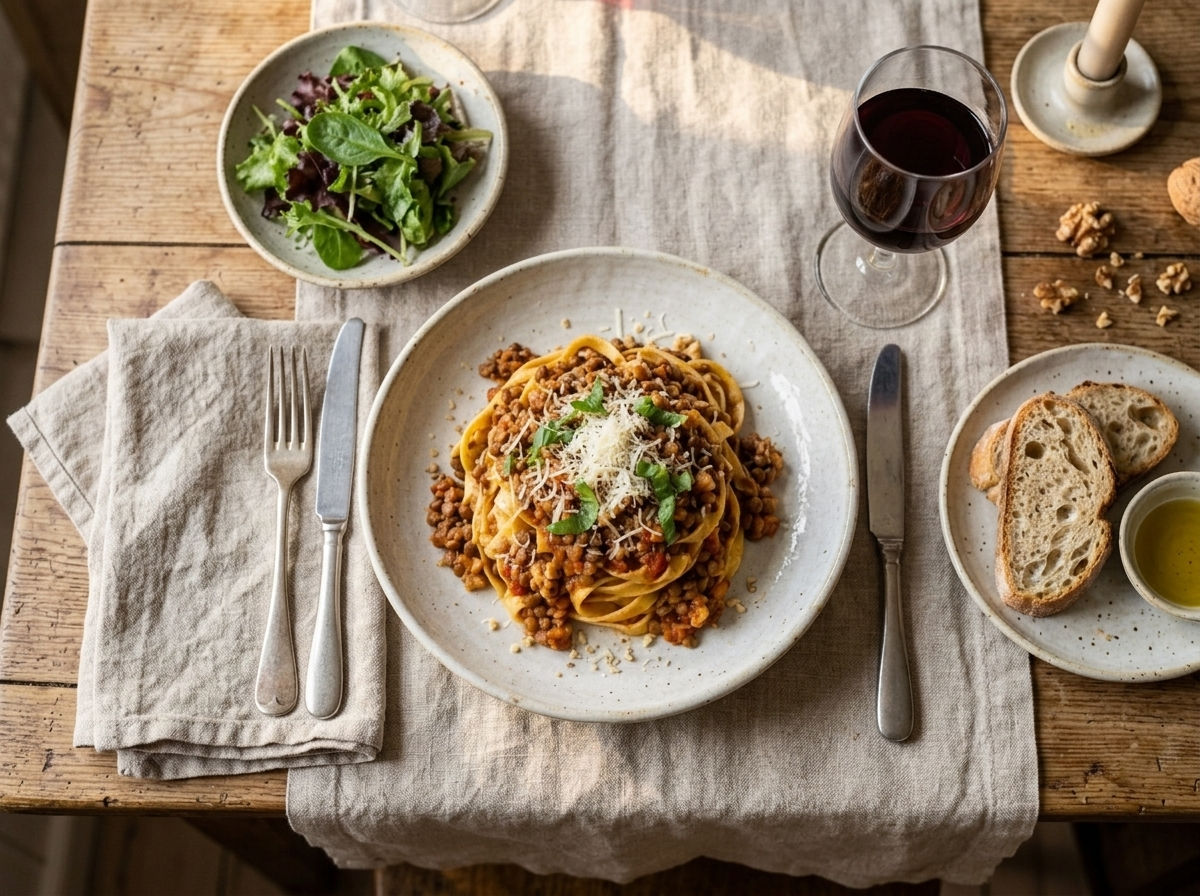 Bowl of lentil walnut bolognese pasta served at a dinner table with a glass of red wine and crusty bread