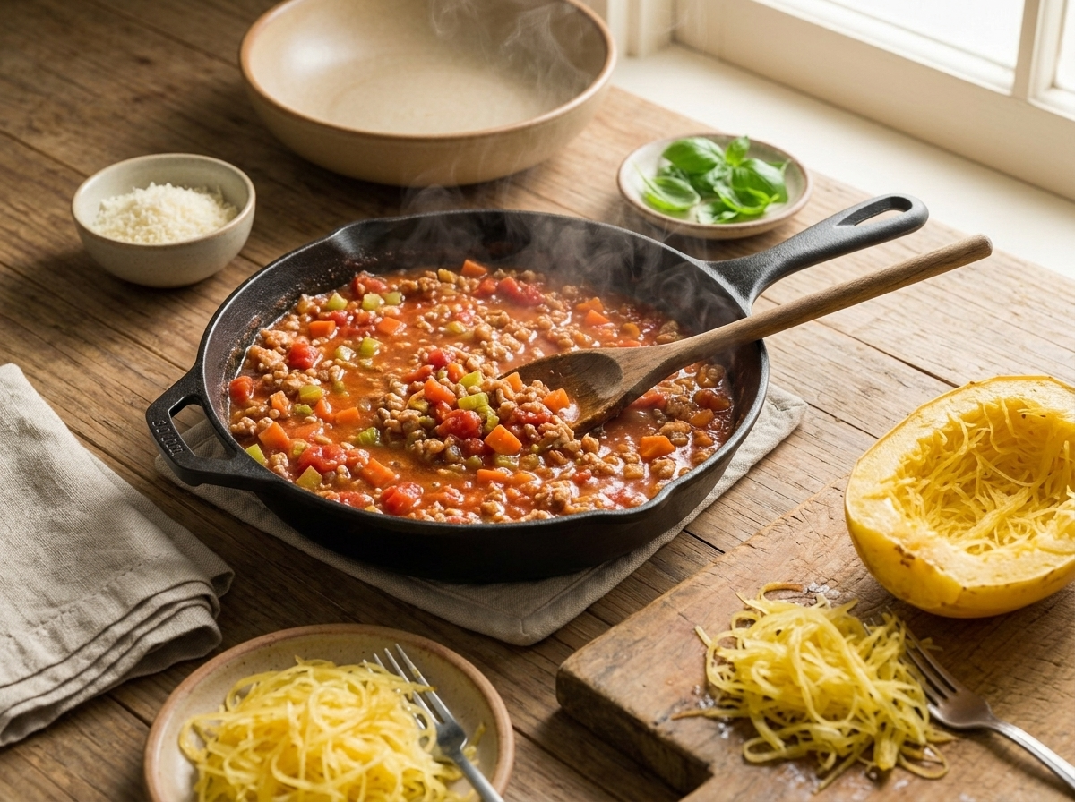 Turkey bolognese sauce bubbling in a skillet, wooden spoon stirring diced carrots and crushed tomatoes into a thick reduction