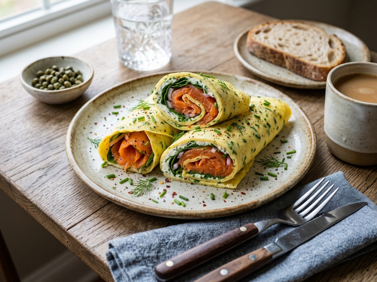 Plated smoked salmon egg wraps sliced on a diagonal, served with coffee on a linen-topped table