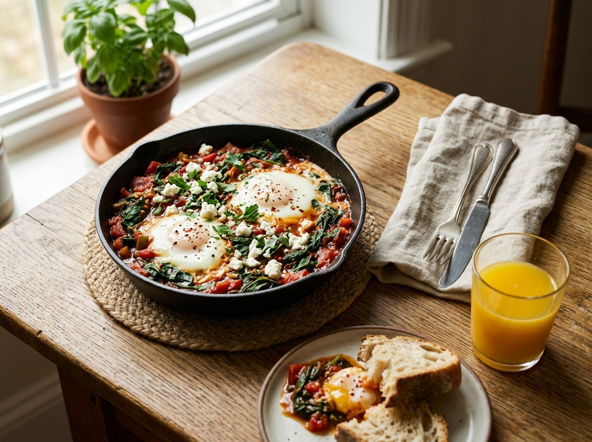 Person tearing warm pita to scoop shakshuka at a small breakfast table with orange juice and morning light