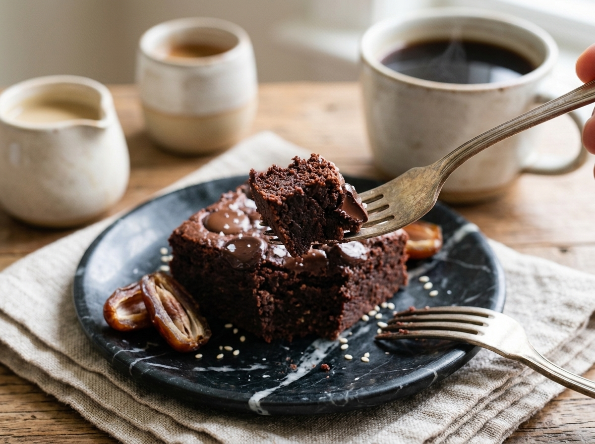 A hand reaching for a brownie square on a linen napkin beside a cup of black coffee on a wooden table.
